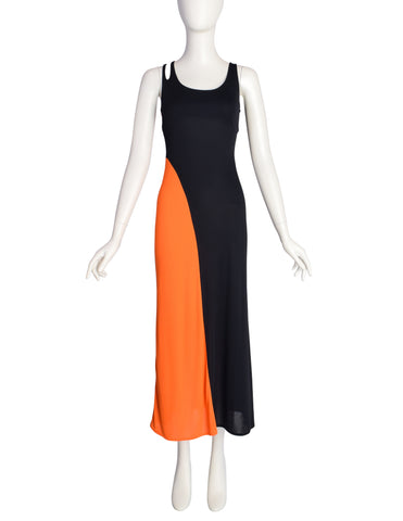 Moschino Cheap and Chic Vintage 1990s Black and Orange Colorblock Maxi Dress