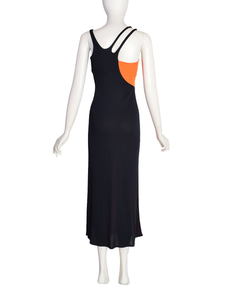 Moschino Cheap and Chic Vintage 1990s Black and Orange Colorblock Maxi Dress