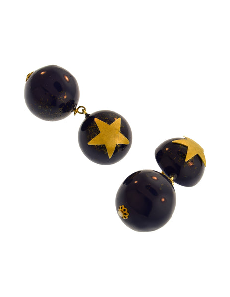 Moschino Vintage Blue Gold Star Glitter Dangling Ball Statement Earrings