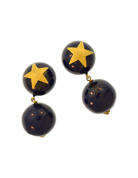 Moschino Vintage Blue Gold Star Glitter Dangling Ball Statement Earrings