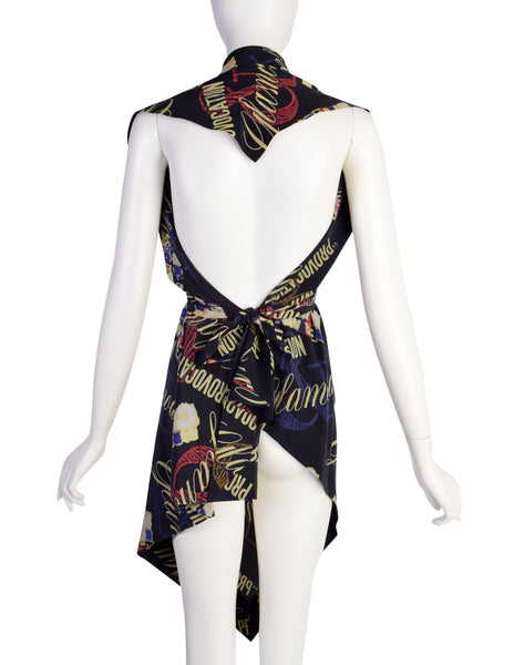 Moschino Vintage Provocation and Glamour Black Graphic Print Silk Scarf Top