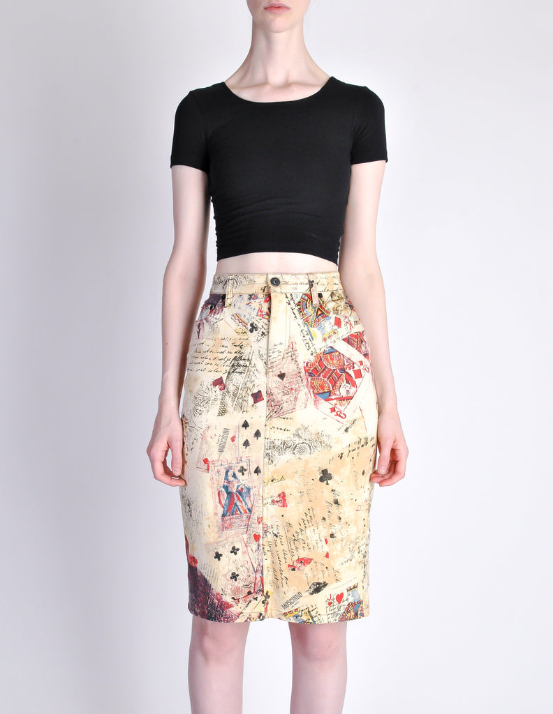 スカート Moschino Printed Pencil Skirt MOSCHINO BLACK SILVER ZIPPER RED HEART POCKET PENCIL SKIRT