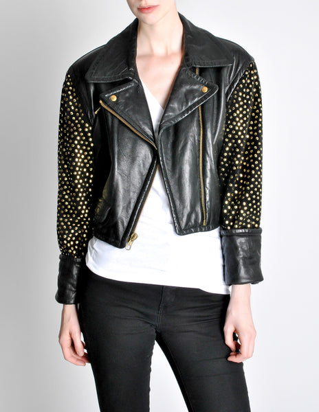 Moschino Vintage Studded Black Leather Cropped Moto Jacket - Amarcord Vintage Fashion
 - 5