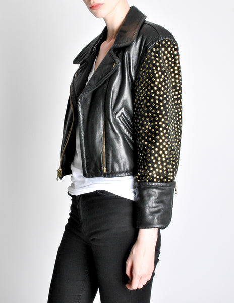 Moschino Vintage Studded Black Leather Cropped Moto Jacket - Amarcord Vintage Fashion
 - 6