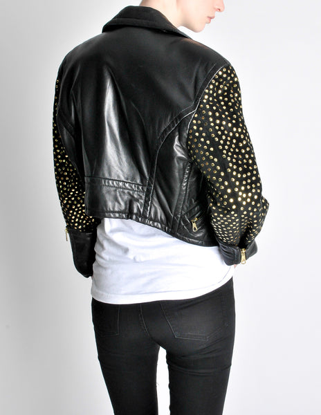 Moschino Vintage Studded Black Leather Cropped Moto Jacket - Amarcord Vintage Fashion
 - 7