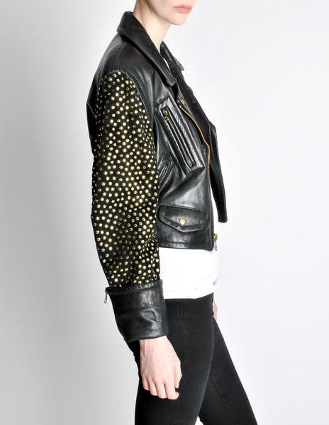 Moschino Vintage Studded Black Leather Cropped Moto Jacket - Amarcord Vintage Fashion
 - 4