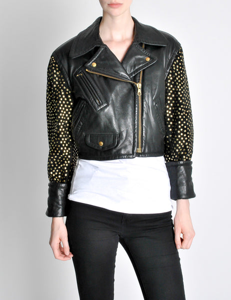 Moschino Vintage Studded Black Leather Cropped Moto Jacket