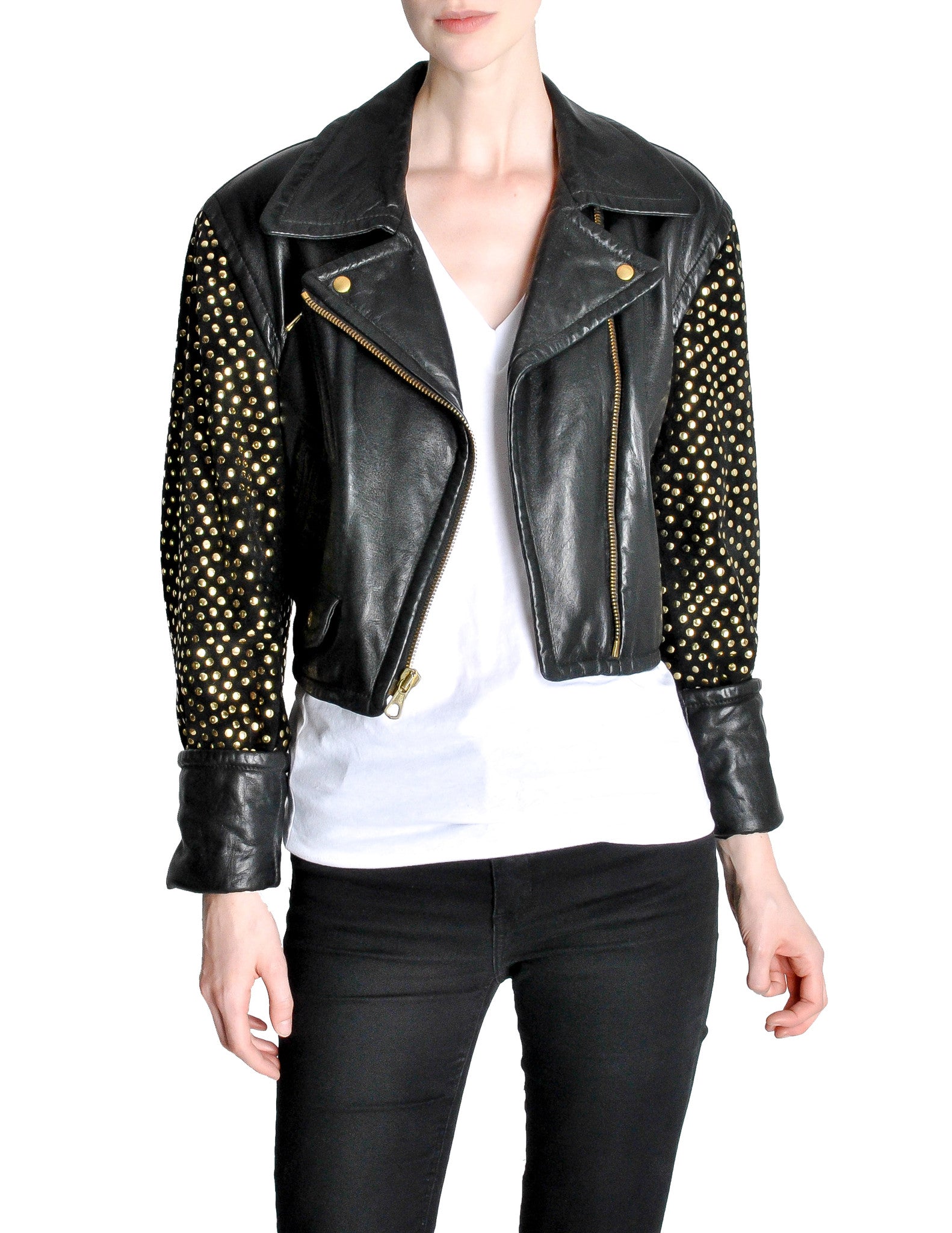Moschino Vintage Studded Black Leather Cropped Moto Jacket - Amarcord Vintage Fashion
 - 1
