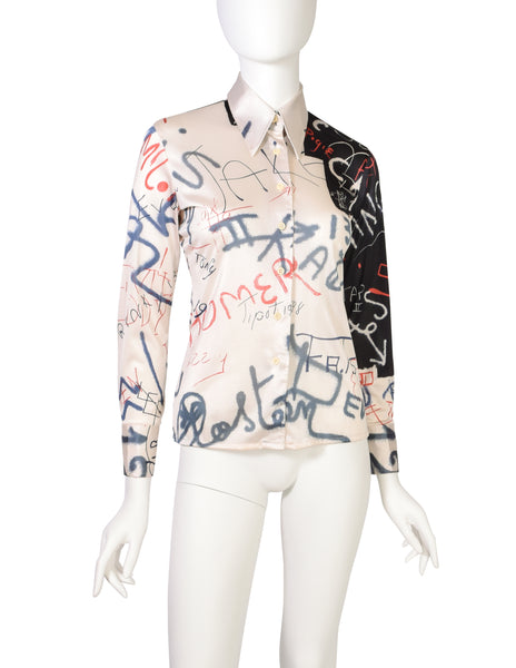 Nik Nik Vintage 1970s Artsy Graffiti Black White Red Button Up Shirt
