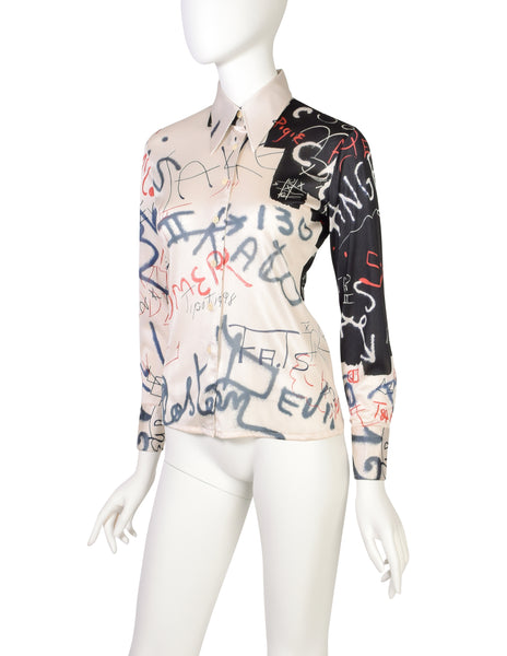 Nik Nik Vintage 1970s Artsy Graffiti Black White Red Button Up Shirt