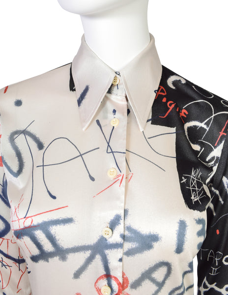 Nik Nik Vintage 1970s Artsy Graffiti Black White Red Button Up Shirt