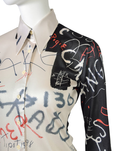 Nik Nik Vintage 1970s Artsy Graffiti Black White Red Button Up Shirt