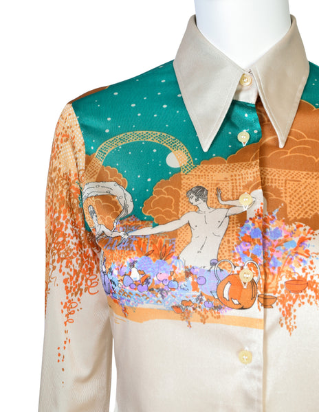 Nik Nik Vintage 1970s Multicolor Art Nouveau Nude Feast Floral Button Up Shirt