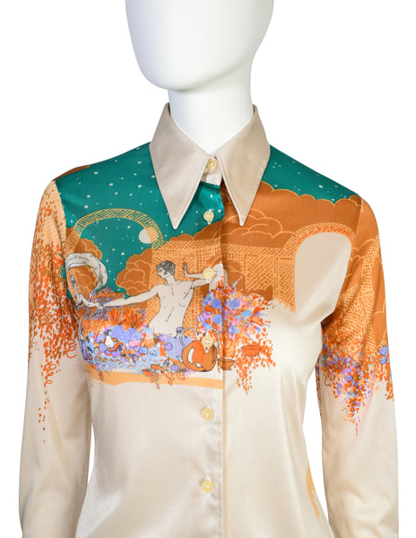 Nik Nik Vintage 1970s Multicolor Art Nouveau Nude Feast Floral Button Up Shirt