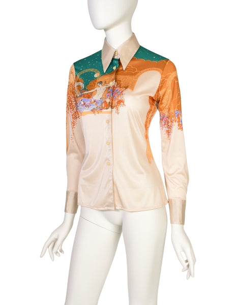 Nik Nik Vintage 1970s Multicolor Art Nouveau Nude Feast Floral Button Up Shirt