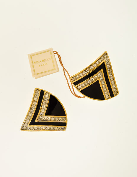 Nina Ricci Vintage Gold Black Enamel Rhinestone Necklace and Earrings Set