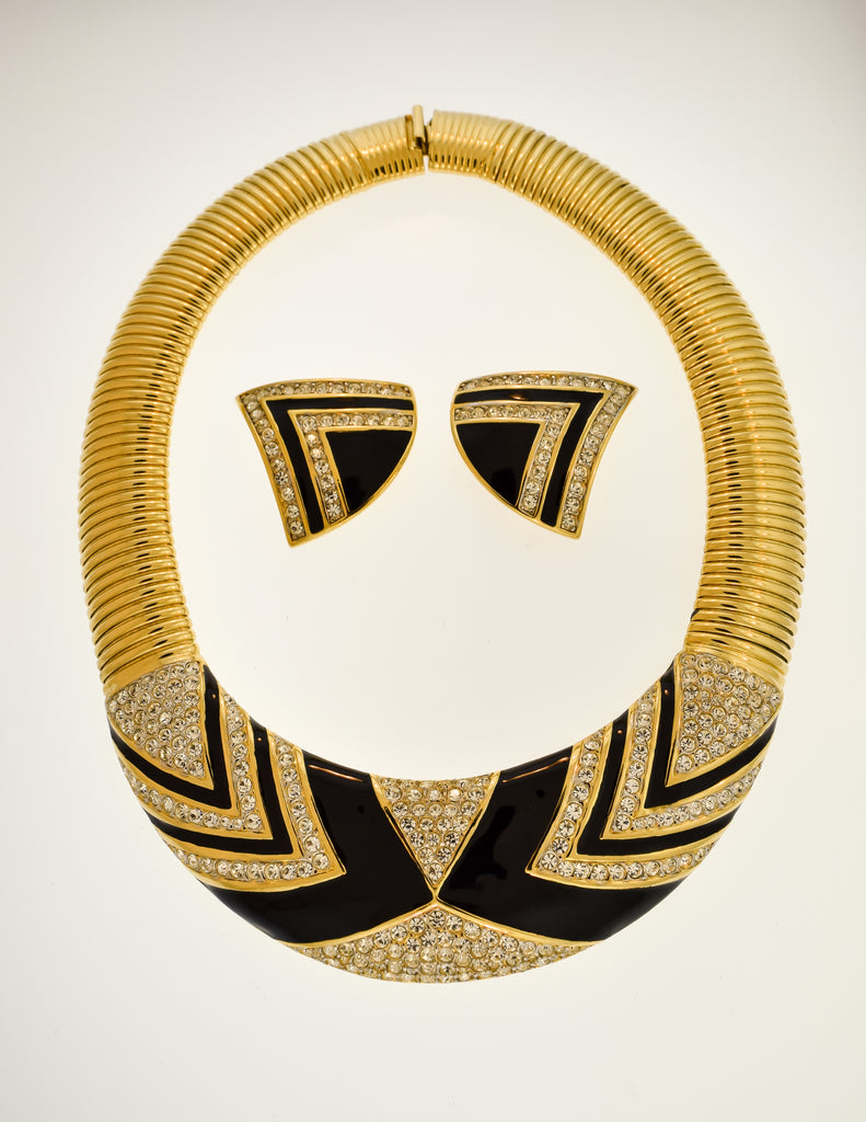 Nina Ricci Vintage Gold Black Enamel Rhinestone Necklace and