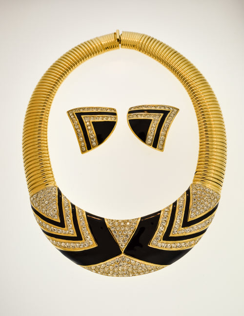 Nina Ricci Vintage Gold Black Enamel Rhinestone Necklace and Earrings Amarcord Vintage Fashion