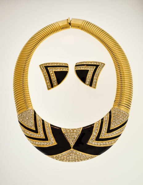Nina Ricci Vintage Gold Black Enamel Rhinestone Necklace and Earrings Set
