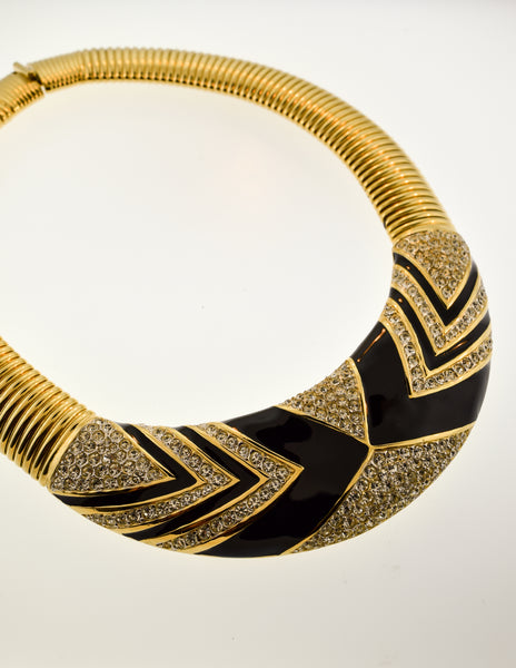 Nina Ricci Vintage Gold Black Enamel Rhinestone Necklace and Earrings Set