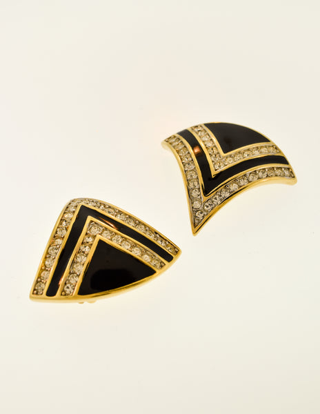 Nina Ricci Vintage Gold Black Enamel Rhinestone Necklace and Earrings Set