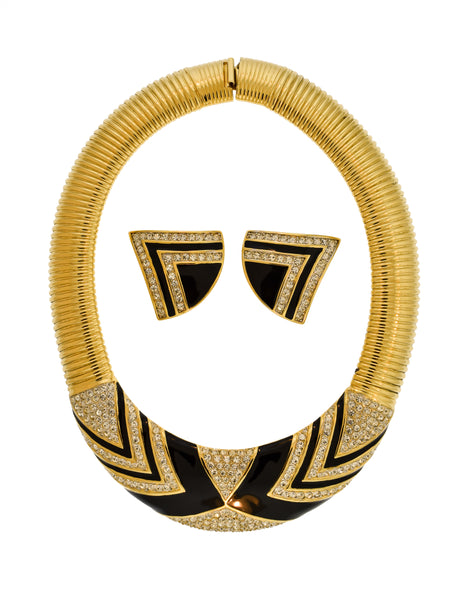 Nina Ricci Vintage Gold Black Enamel Rhinestone Necklace and Earrings Set