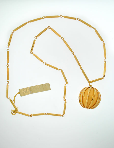 Nina Ricci Vintage Yellow Caged Ball Pendant Gold Necklace