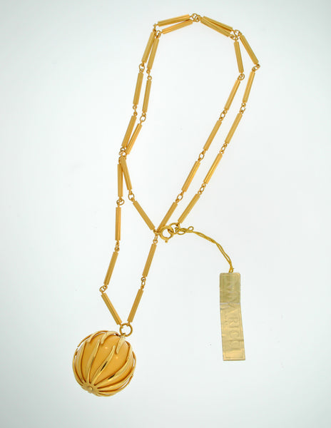 Nina Ricci Vintage Yellow Caged Ball Pendant Gold Necklace