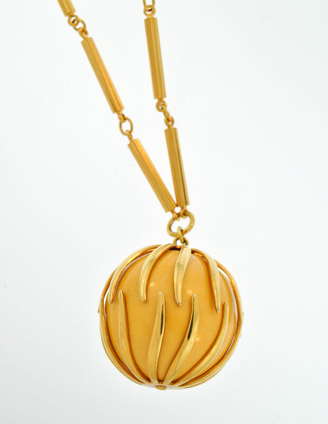 Nina Ricci Vintage Yellow Caged Ball Pendant Gold Necklace