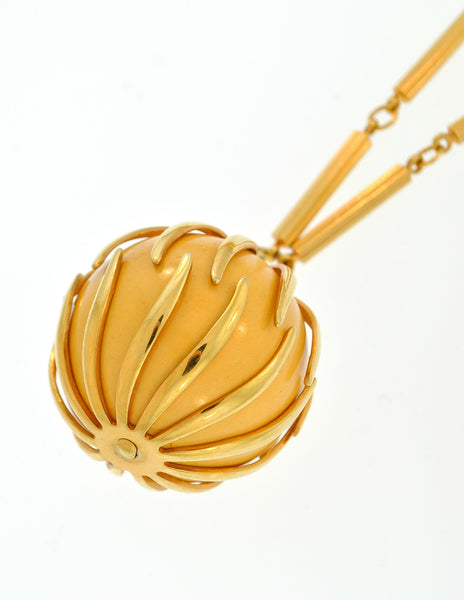 Nina Ricci Vintage Yellow Caged Ball Pendant Gold Necklace