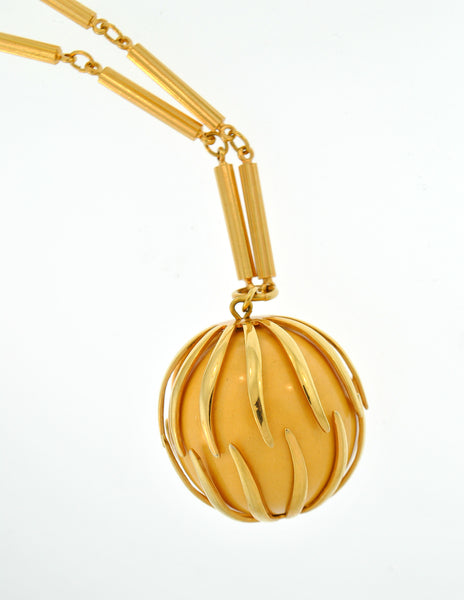 Nina Ricci Vintage Yellow Caged Ball Pendant Gold Necklace
