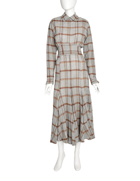 Norma Kamali Vintage Grey Plaid Gauze Wool Dress