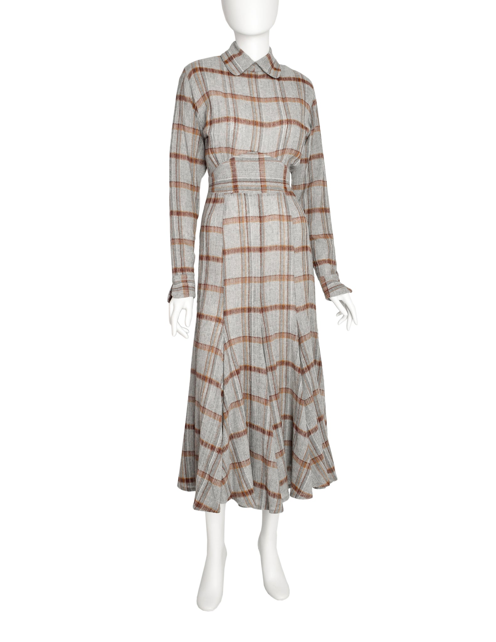 Norma Kamali Vintage Grey Plaid Gauze Wool Dress