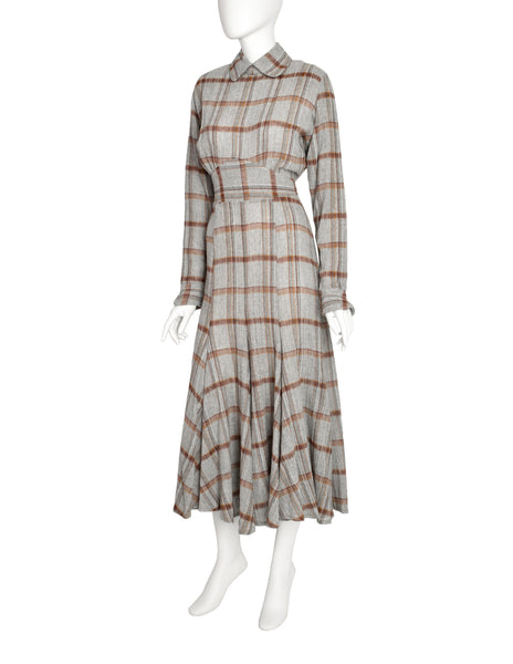 Norma Kamali Vintage Grey Plaid Gauze Wool Dress