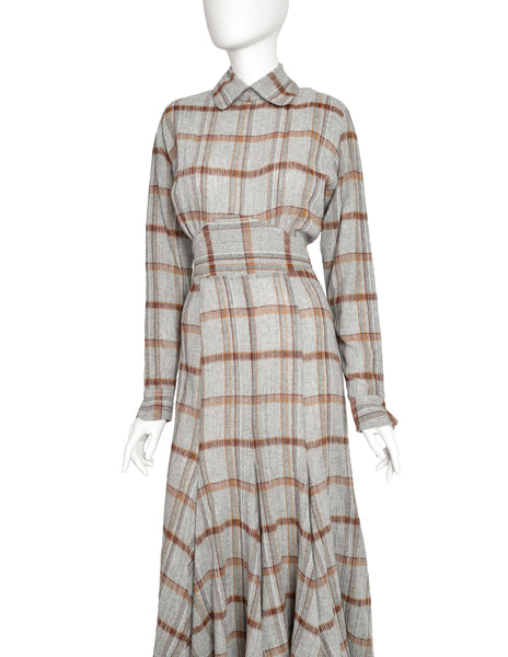 Norma Kamali Vintage Grey Plaid Gauze Wool Dress