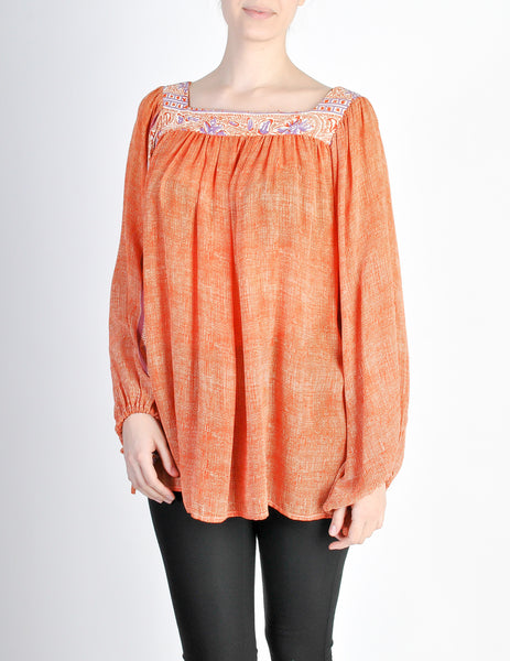 Vintage 1970s Orange Patterned Poet Sleeve Peasant Top