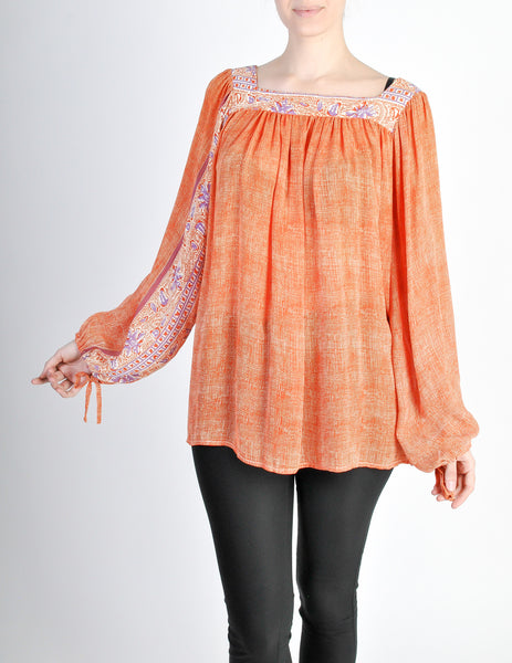 Vintage 1970s Orange Patterned Poet Sleeve Peasant Top