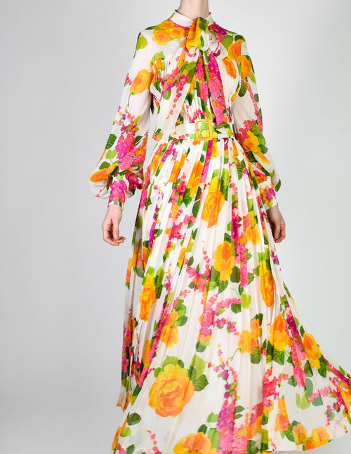 vintage chiffon floral dress Vintage Floral Chiffon Maxi Dress: Cottagecore Fairycore Gown