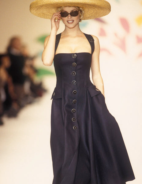 Oscar de la Renta Vintage SS 1993 Black Crisp Linen Full Flared Skirt Dress