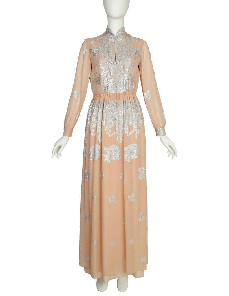 Oscar de la Renta Vintage 1960s Almond Silk Chiffon and Silver Lame Lu Amarcord Vintage Fashion Oscar de la Renta Vintage 1960s Almond Silk Chiffon and Silver Lame Lu Amarcord Vintage Fashion