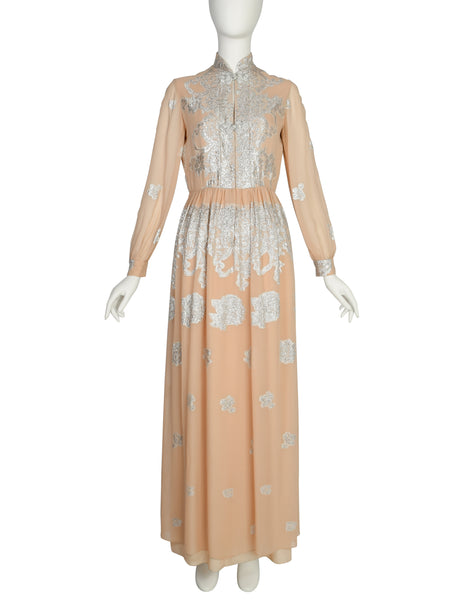 Oscar de la Renta Vintage 1960s Almond Silk Chiffon and Silver Lame Lurex Floral Maxi Dress