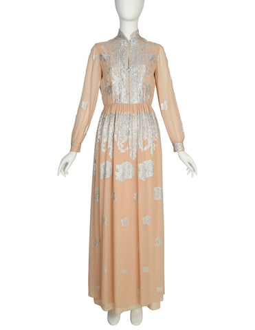 Oscar de la Renta Vintage 1960s Almond Silk Chiffon and Silver Lame Lurex Floral Maxi Dress