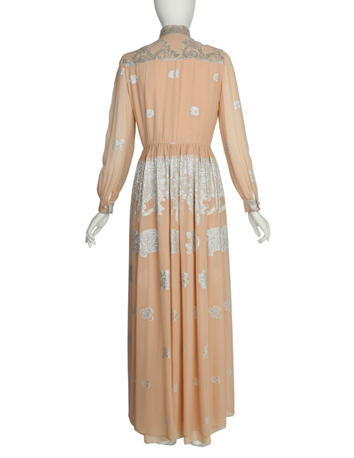 Oscar de la Renta Vintage 1960s Almond Silk Chiffon and Silver Lame Lu Amarcord Vintage Fashion Oscar de la Renta Vintage 1960s Almond Silk Chiffon and Silver Lame Lu Amarcord Vintage Fashion