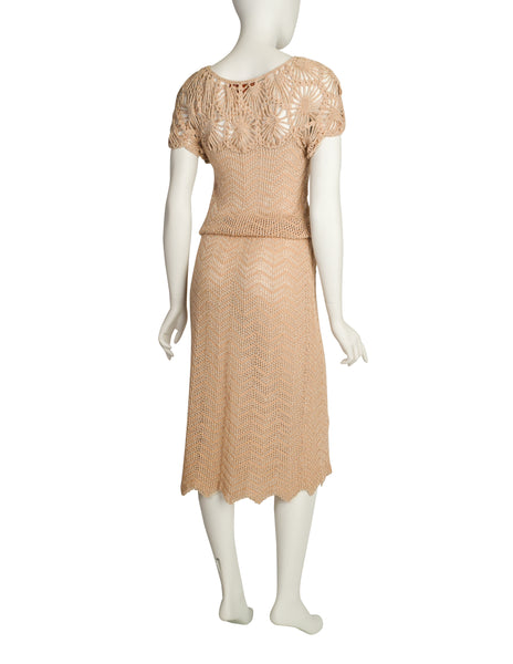 Oscar de la Renta Vintage Beige Chenille Chevron Open Knit Crochet Dress