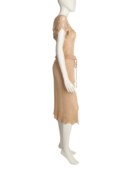 Oscar de la Renta Vintage Beige Chenille Chevron Open Knit Crochet Dress