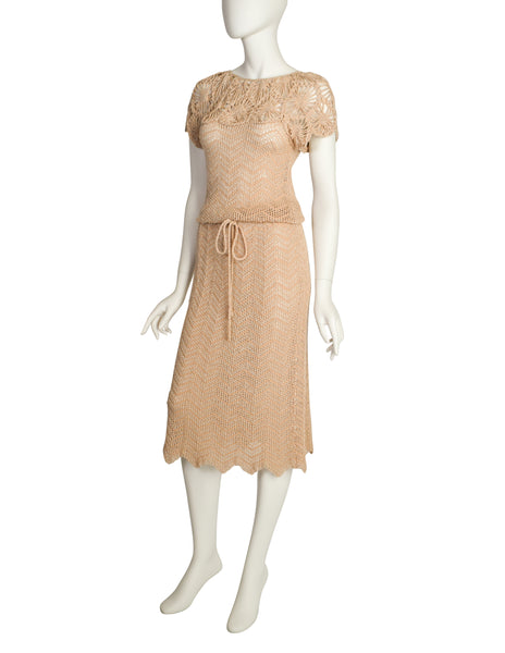 Oscar de la Renta Vintage Beige Chenille Chevron Open Knit Crochet Dress