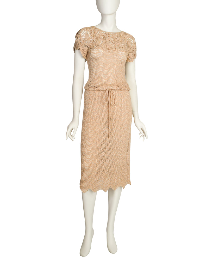 Oscar de la Renta Vintage Beige Chenille Chevron Open Knit Crochet