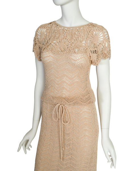 Oscar de la Renta Vintage Beige Chenille Chevron Open Knit Crochet Dress