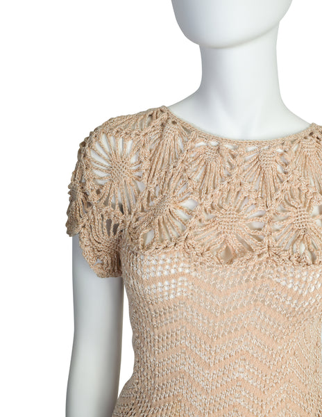 Oscar de la Renta Vintage Beige Chenille Chevron Open Knit Crochet Dress