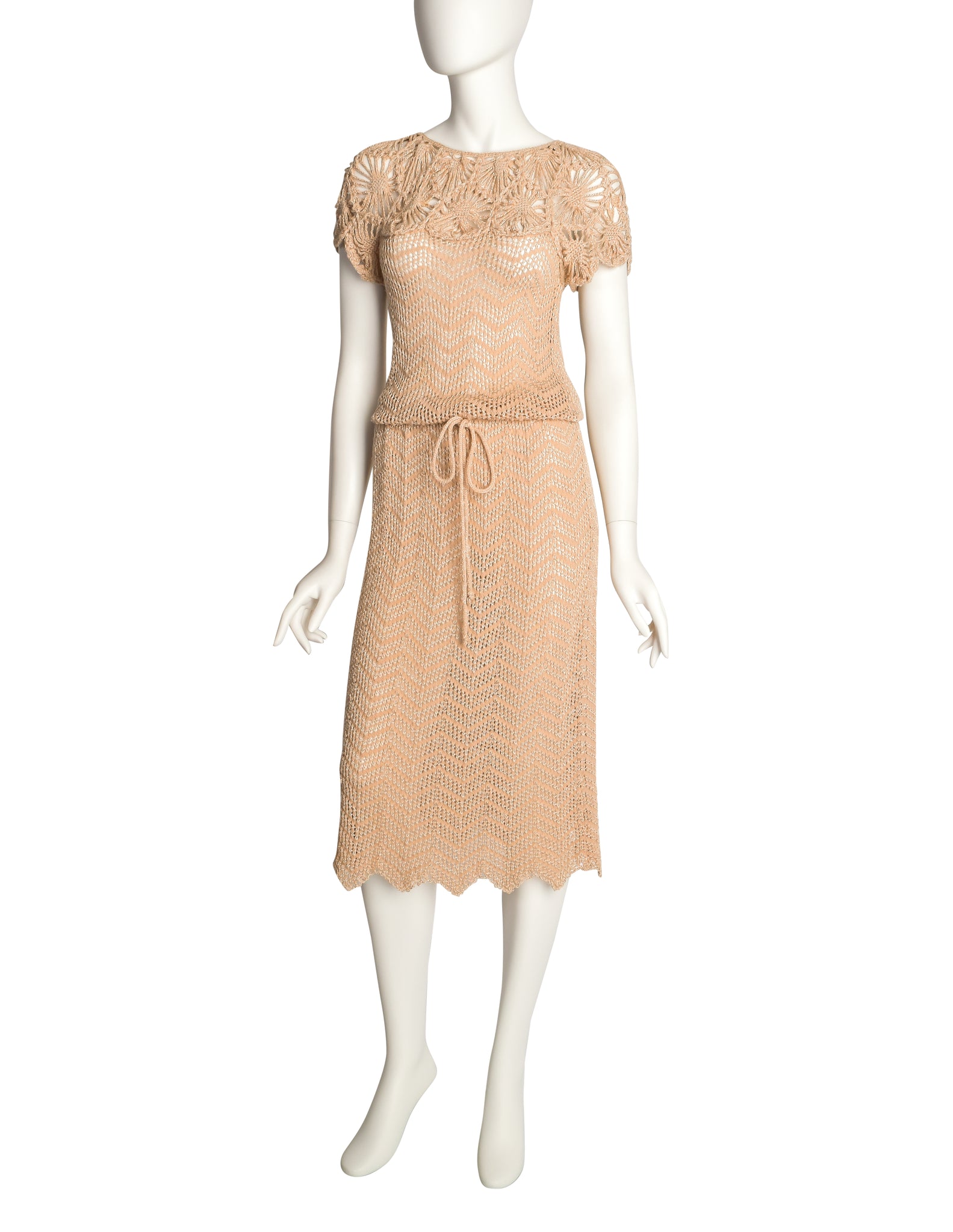 Oscar de la Renta Vintage Beige Chenille Chevron Open Knit Crochet Dress